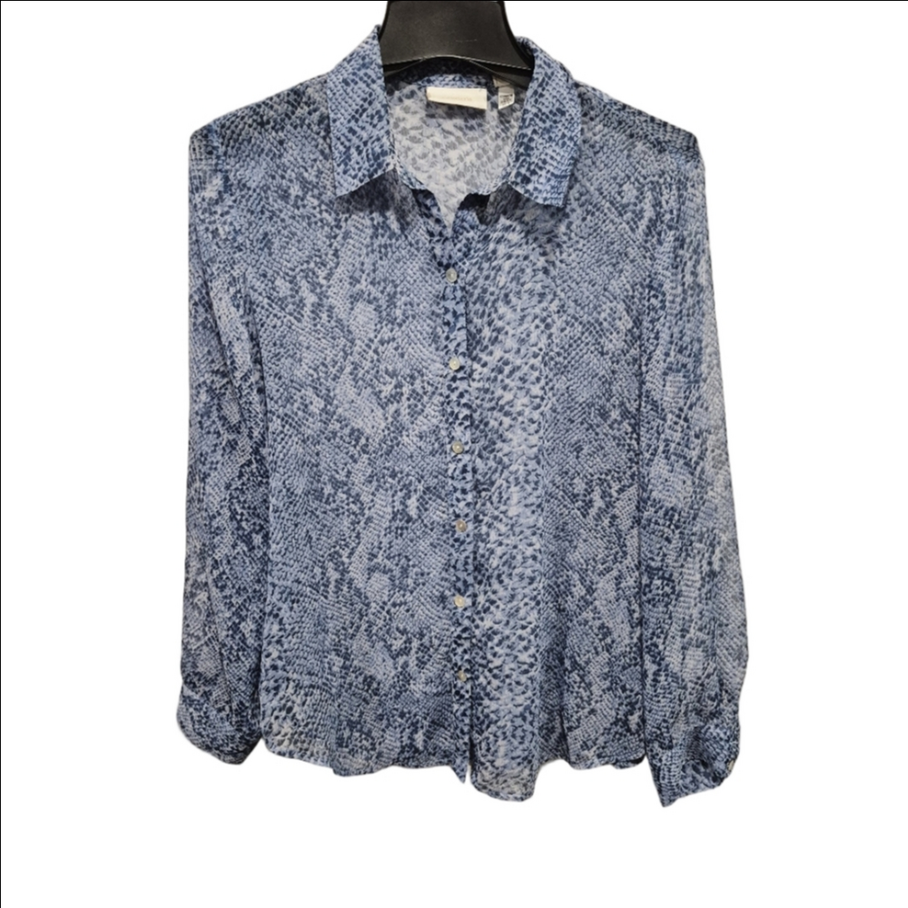 Chico's Chiffon Sheer Blue Snakeskin Long Sleeve Blouse